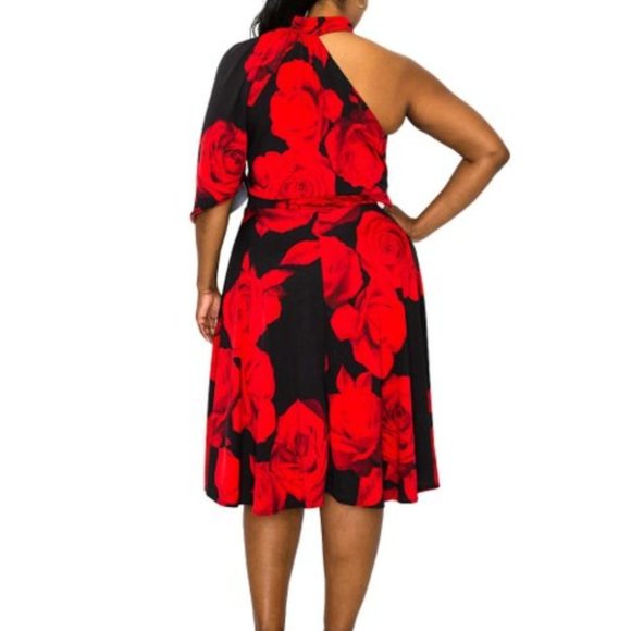 Black & Red Floral Asymmetric A-Line Dress - Picture 2 of 4